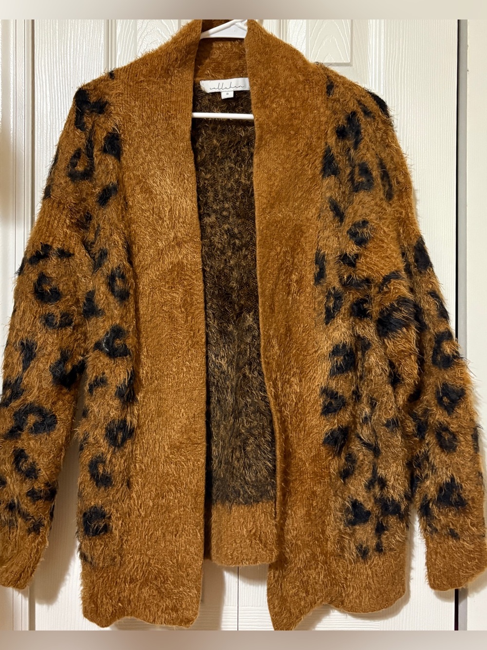 Callahan Womens S Brown Black Fuzzy Leopard Print Open Front Cardigan Sweater
